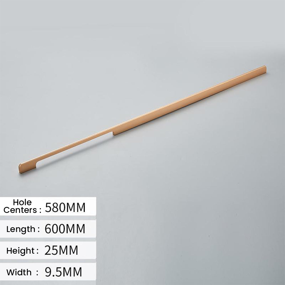 Solid aluminum long cabinet pull, shown in a focused view with dimensions and centers labeled