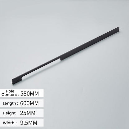Solid aluminum long cabinet pull, shown at close range showing the printed measurements