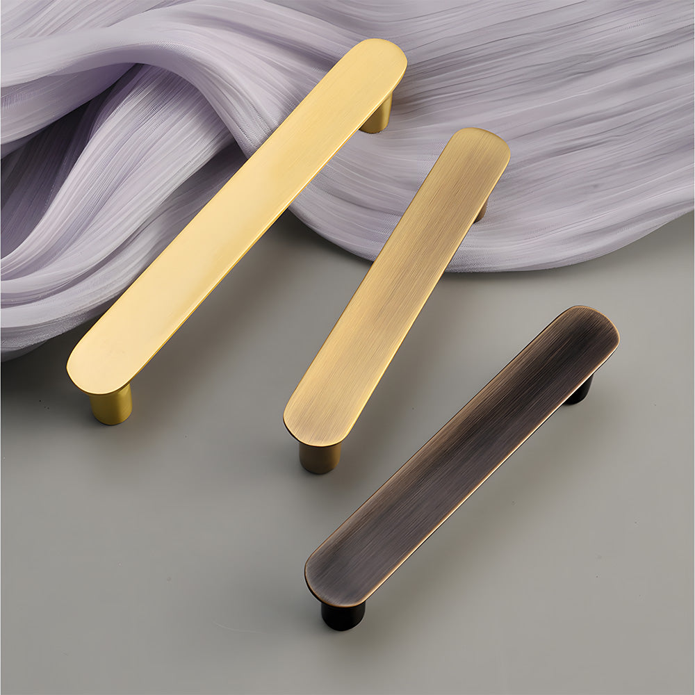 Brass rounded bar cabinet pull, shown clearly as a color and finish lineup with key hardware details visible