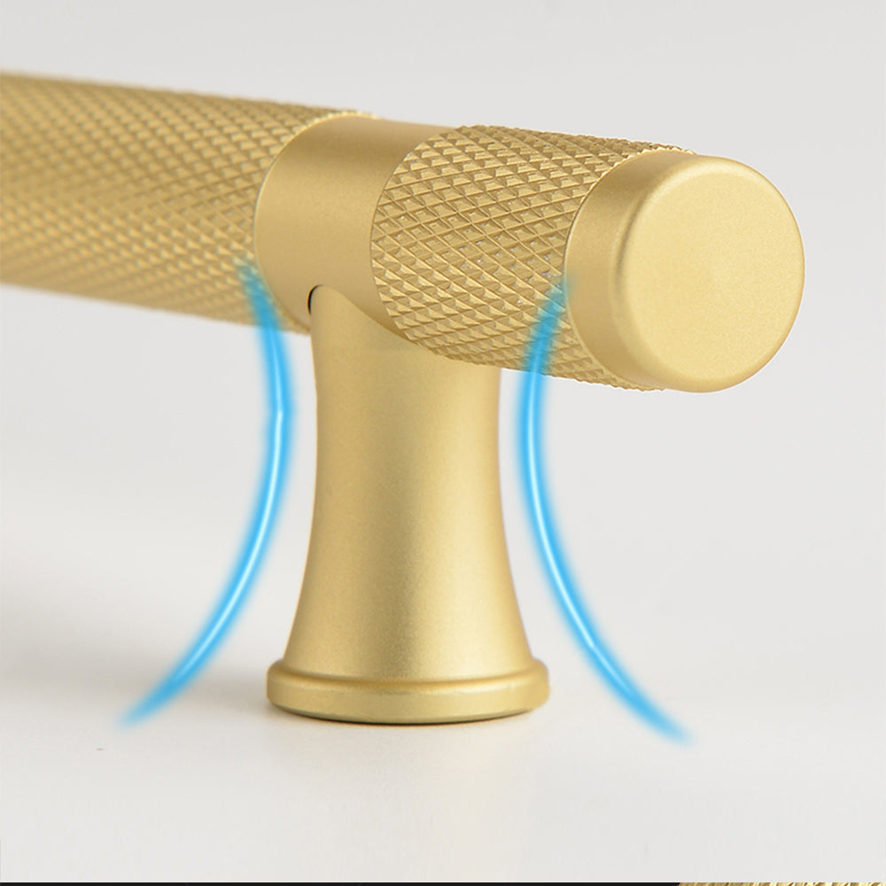 Knurled brass T-bar cabinet pull, shown clearly with its construction and finish visible
