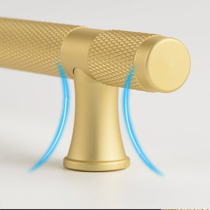 Knurled brass T-bar cabinet pull, shown clearly with its construction and finish visible
