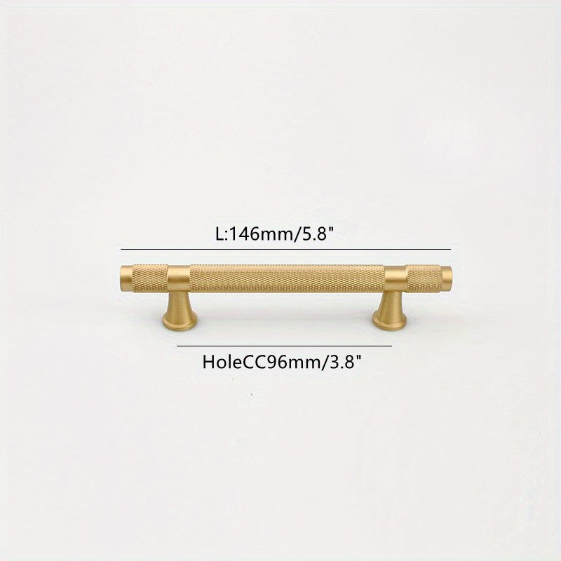 Knurled brass T-bar cabinet pull, shown clearly with dimensions and centers labeled