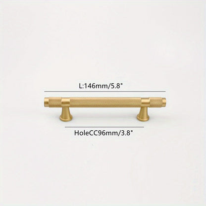 Knurled brass T-bar cabinet pull, shown clearly with dimensions and centers labeled
