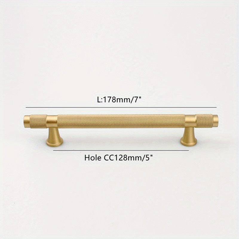 Knurled brass T-bar cabinet pull, shown from one angle with dimensions and centers labeled