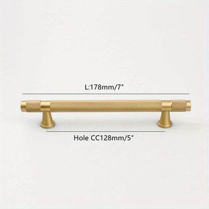 Knurled brass T-bar cabinet pull, shown from one angle with dimensions and centers labeled