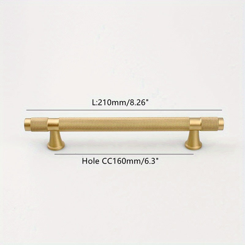 Knurled brass T-bar cabinet pull, pictured in one view with dimensions and centers labeled