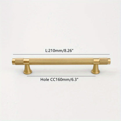 Knurled brass T-bar cabinet pull, pictured in one view with dimensions and centers labeled