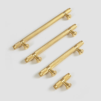 Gold knurled brass T-bar cabinet pull, shown at close range as a color and finish lineup