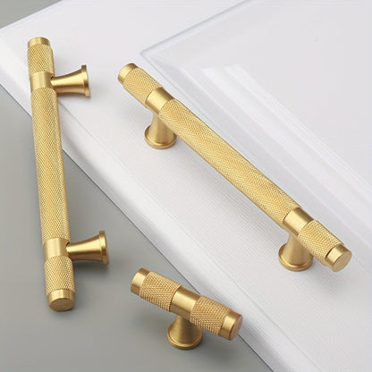 Gold knurled brass T-bar cabinet pull, displayed from the side as a color and finish lineup