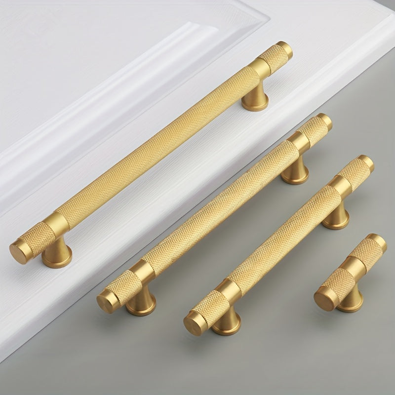 Knurled brass T-bar cabinet pull, shown clearly as a color and finish lineup with key hardware details visible