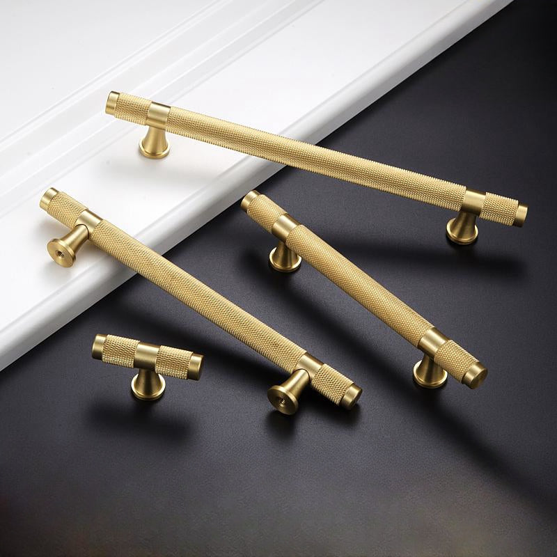 Knurled brass T-bar cabinet pull, pictured in one view as a color and finish lineup