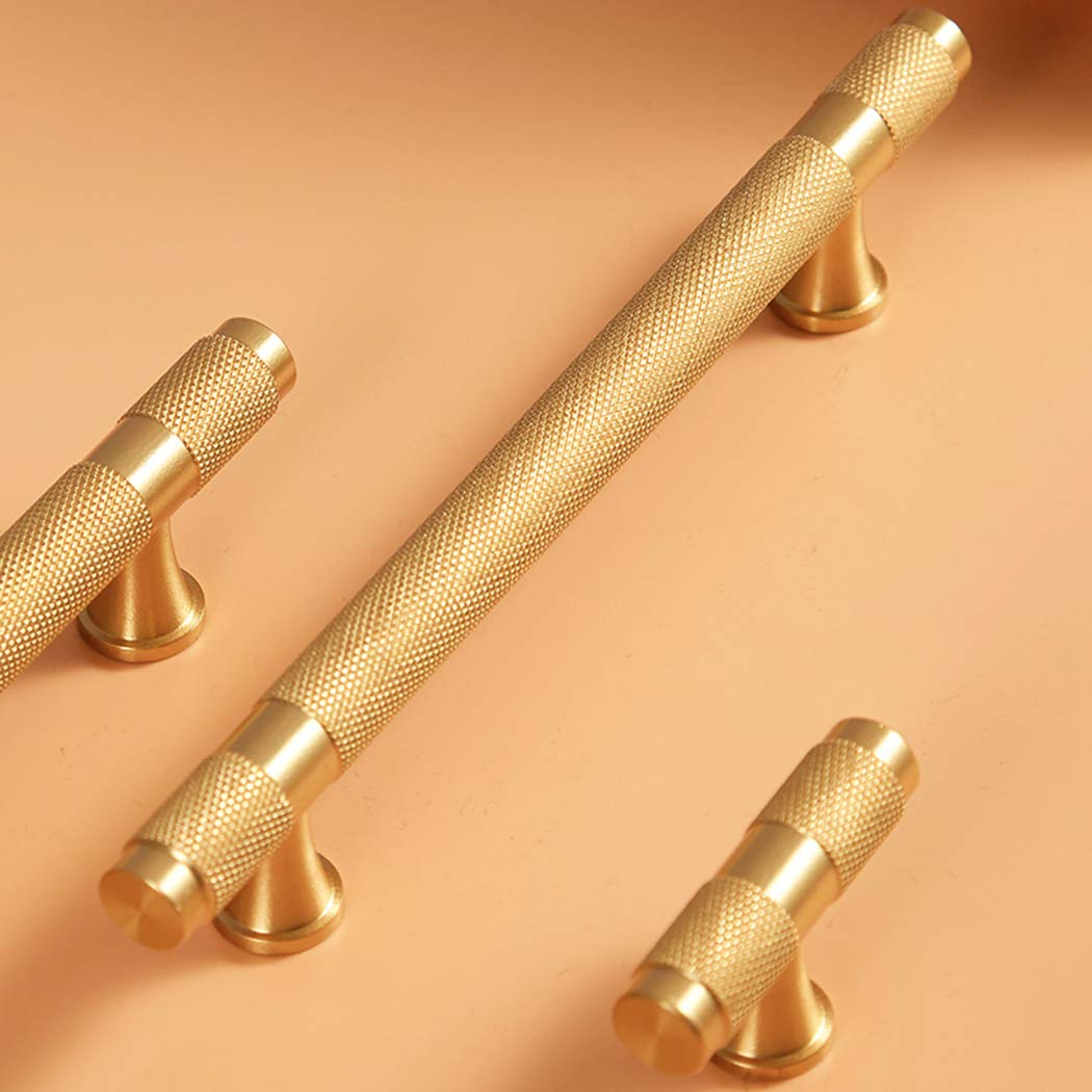 Knurled brass T-bar cabinet pull, presented for reference as a color and finish lineup
