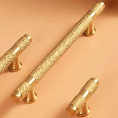 Knurled brass T-bar cabinet pull, presented for reference as a color and finish lineup