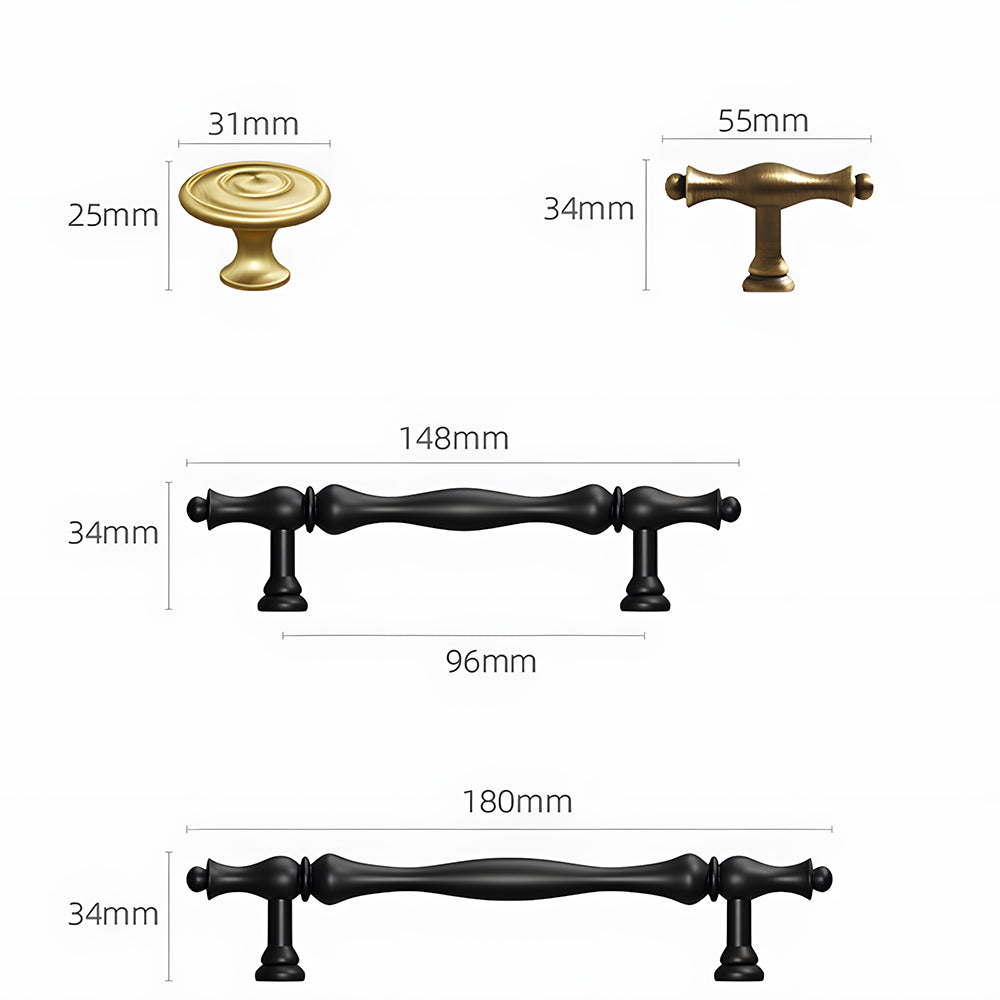 Brass twisted cabinet pull and knobs, shown clearly with dimensions and centers labeled