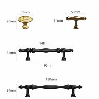 Brass twisted cabinet pull and knobs, shown clearly with dimensions and centers labeled