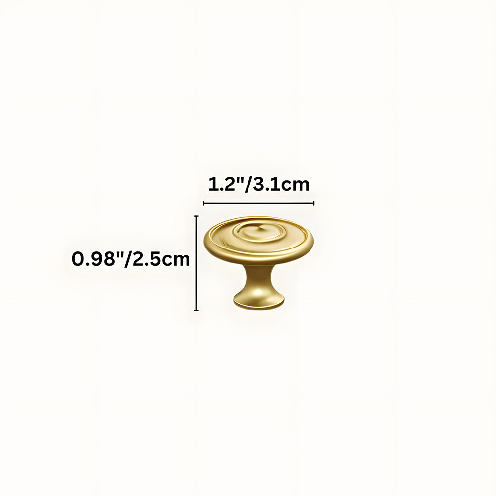 Brass twisted cabinet pull and knobs, pictured in one view with dimensions and centers labeled