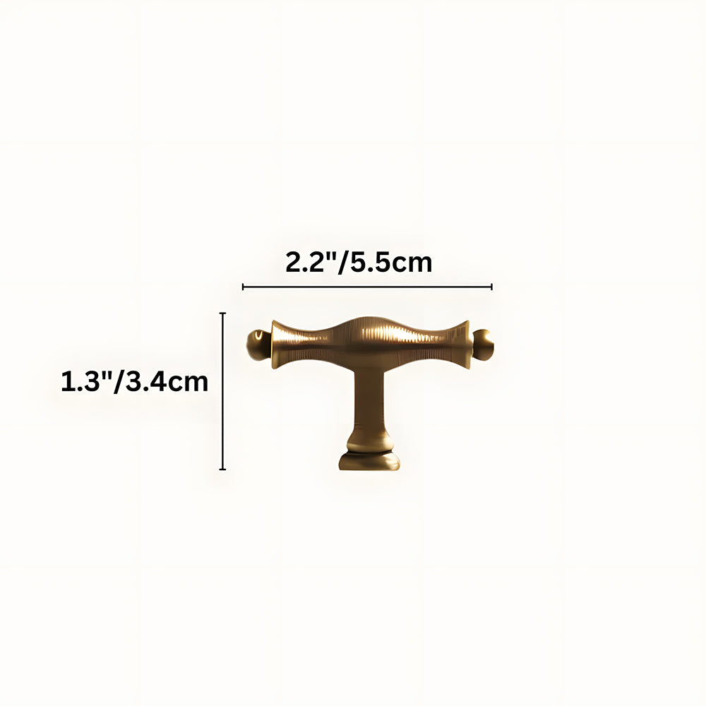 Brass twisted cabinet pull and knobs, presented for reference with dimensions and centers labeled