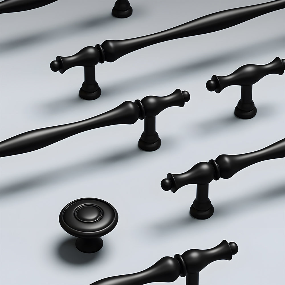 Brass twisted cabinet pull and knobs, pictured in one view as a color and finish lineup