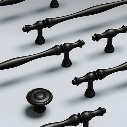 Brass twisted cabinet pull and knobs, pictured in one view as a color and finish lineup