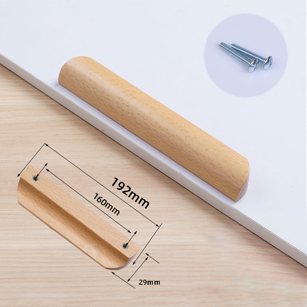 Solid beech wood half-round cabinet finger pull, dimension reference with the center-to-center spacing marked