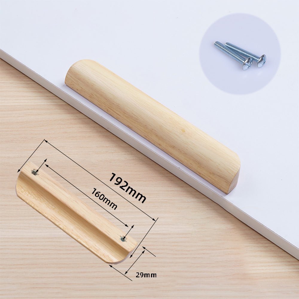 Solid beech wood half-round cabinet finger pull, measurement view with the pull length and post spacing labeled