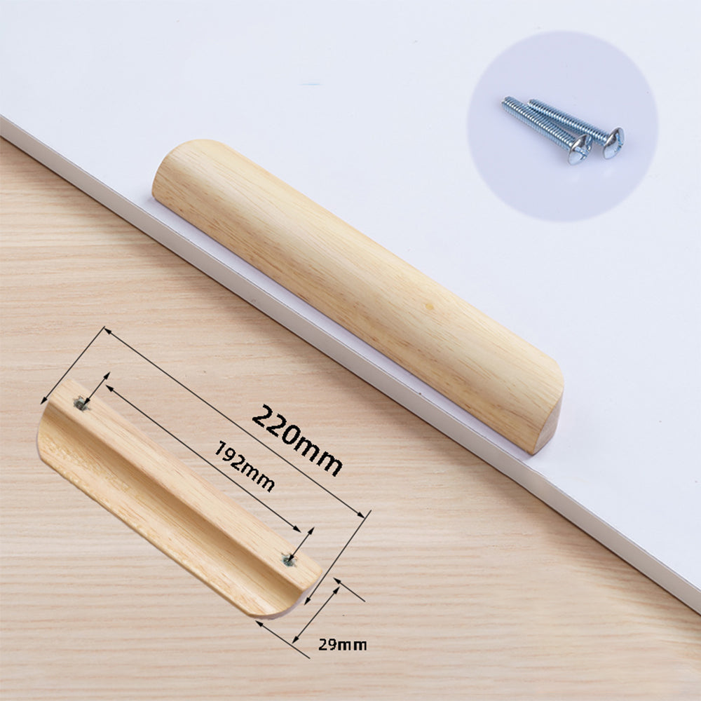 Solid beech wood half-round cabinet finger pull, dimension reference showing the face and mounting dimensions
