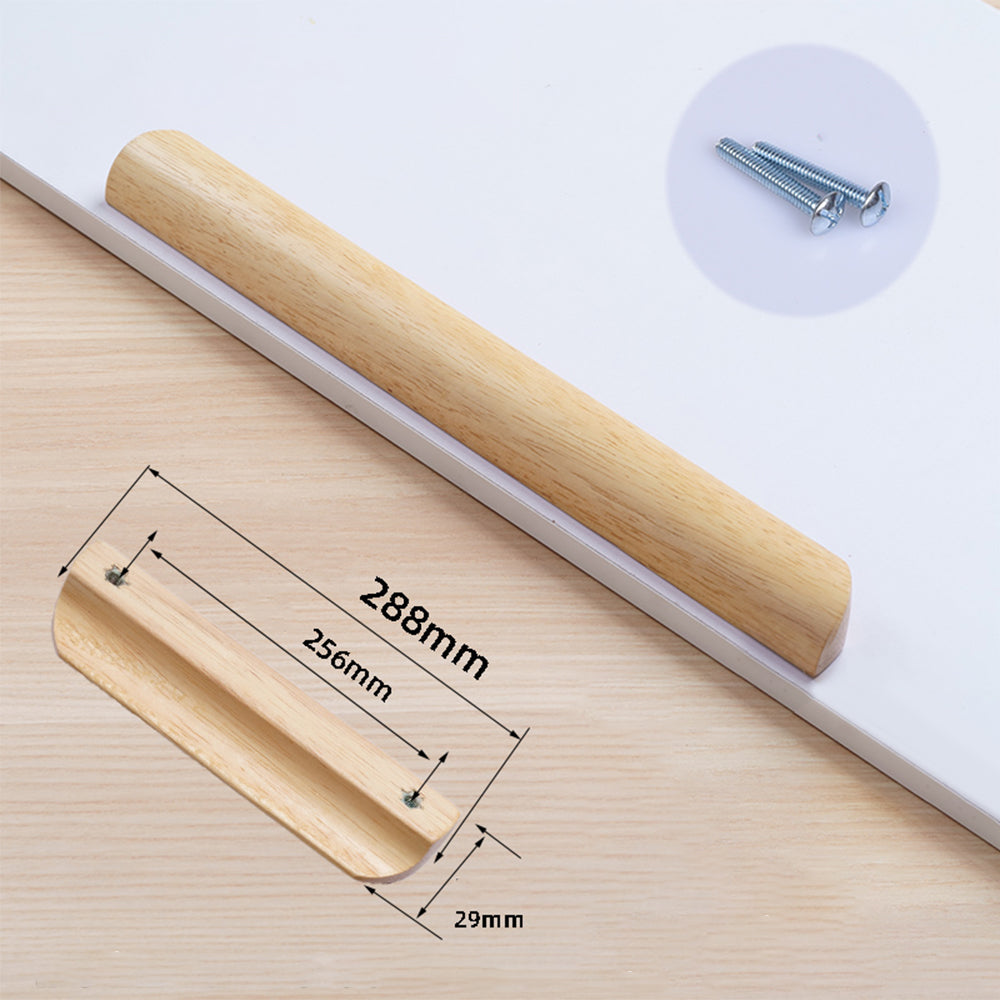 Solid beech wood half-round cabinet finger pull, size chart comparing available lengths and mounting centers