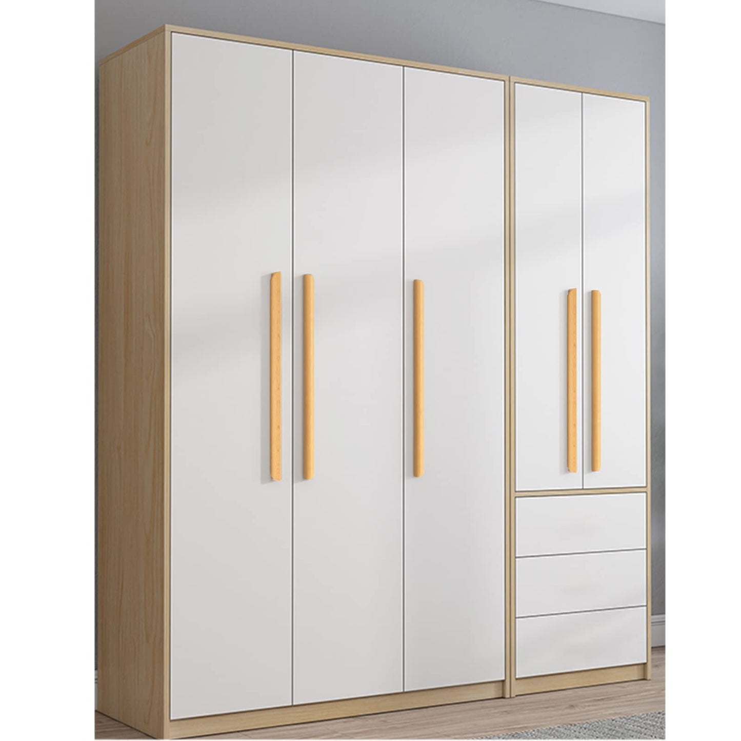 Solid beech wood half-round cabinet finger pull, installed vertically on paired wardrobe doors