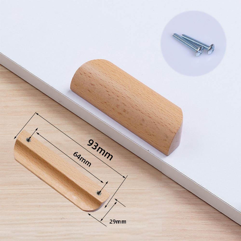 Solid beech wood half-round cabinet finger pull, dimension diagram showing its overall size and hole spacing