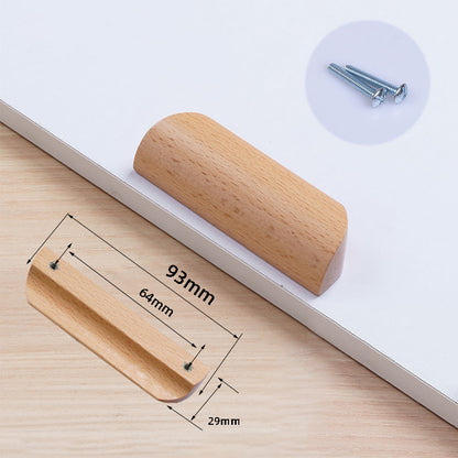 Solid beech wood half-round cabinet finger pull, dimension diagram showing its overall size and hole spacing