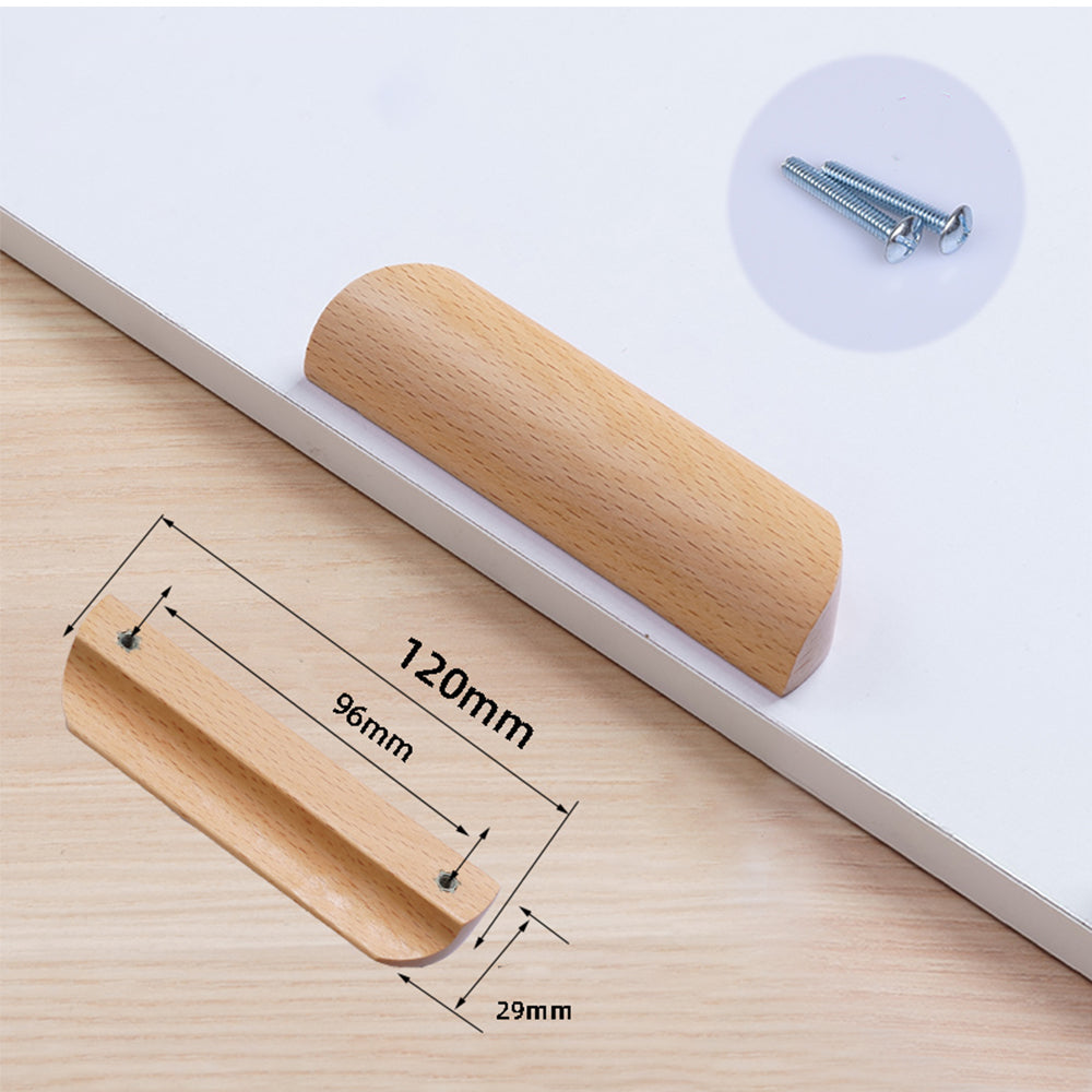 Solid beech wood half-round cabinet finger pull, measurement diagram showing length, width, and projection
