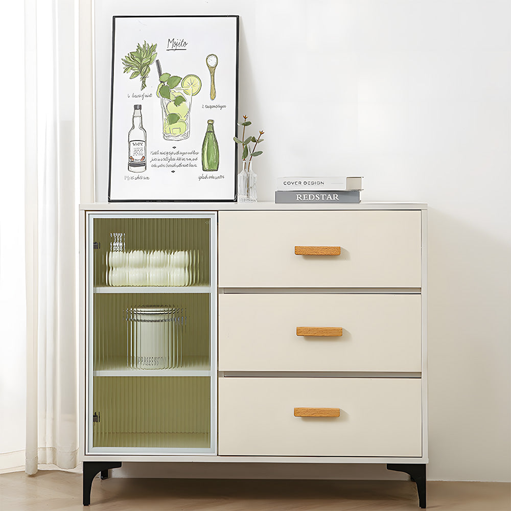 L-shaped wood cabinet pull in natural wood with 128 mm centers, installed on a dresser or sideboard in a wider view