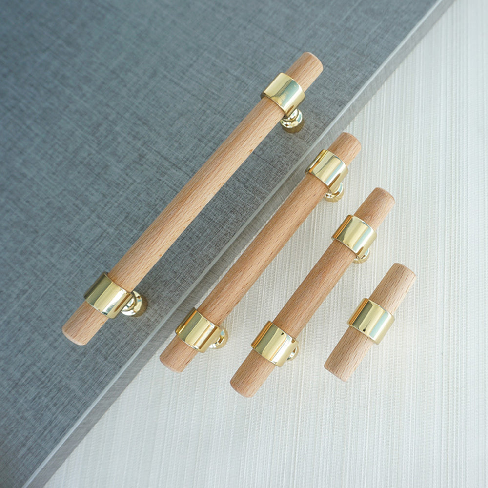 Wood cabinet pull with metal posts in light wood with gold posts, arranged with other sizes and finishes for comparison