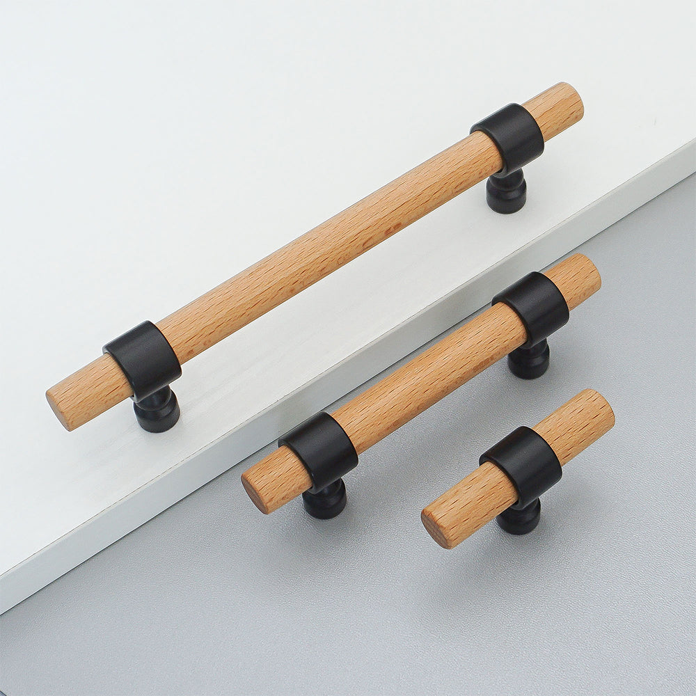 Wood cabinet pull with metal posts, shown in a styled group with multiple available versions