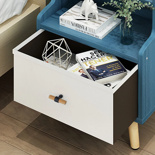 Wood cabinet pull with metal posts, installed horizontally on a drawer front in a close view