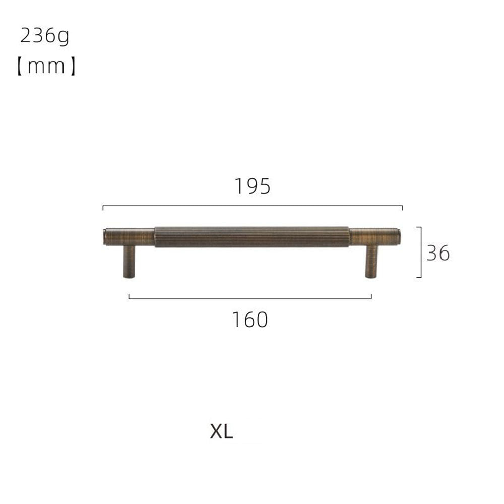 Striped T-bar cabinet pull, shown from one angle with dimensions and centers labeled