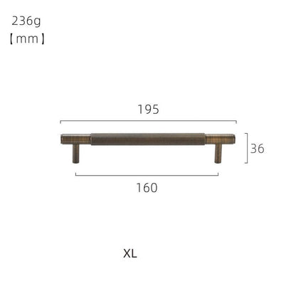 Striped T-bar cabinet pull, shown from one angle with dimensions and centers labeled