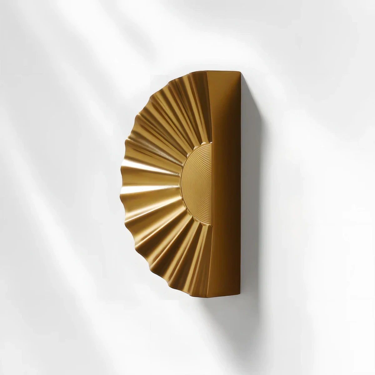 Sunburst half-moon cabinet pull and round knob, pictured in one view with the profile and mounts in view