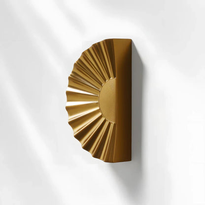 Sunburst half-moon cabinet pull and round knob, pictured in one view with the profile and mounts in view