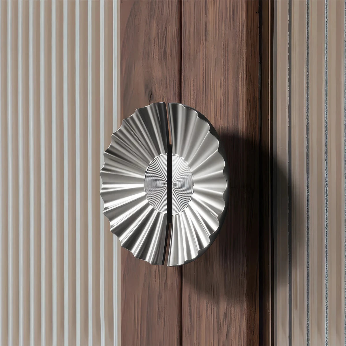 Sunburst half-moon cabinet pull and round knob, pictured in one view installed on cabinetry in context