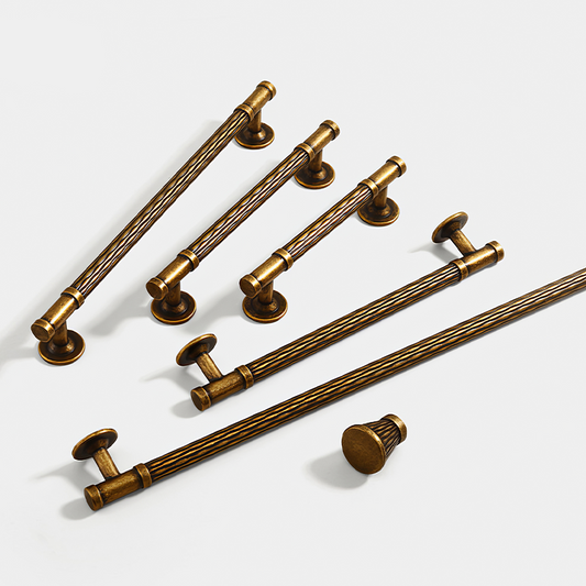 Bronze textured round bar cabinet pull and knob, shown at close range as a color and finish lineup