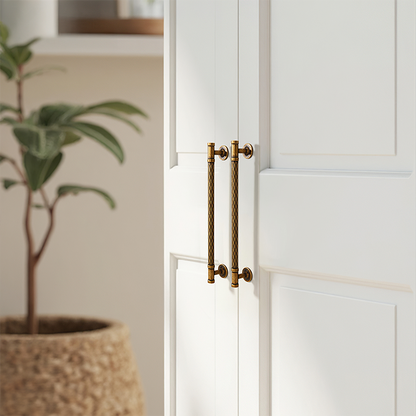 Textured round bar cabinet pull and knob, presented for reference installed on cabinetry in context