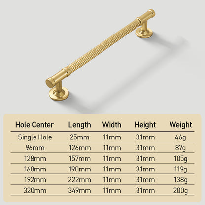 Textured round bar cabinet pull and knob, shown clearly with dimensions and centers labeled