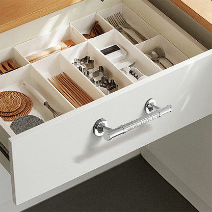 Textured round bar cabinet pull and knob, pictured in one view mounted on a finished cabinet front