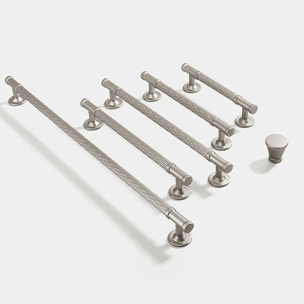Silver textured round bar cabinet pull and knob, displayed from the side as a color and finish lineup