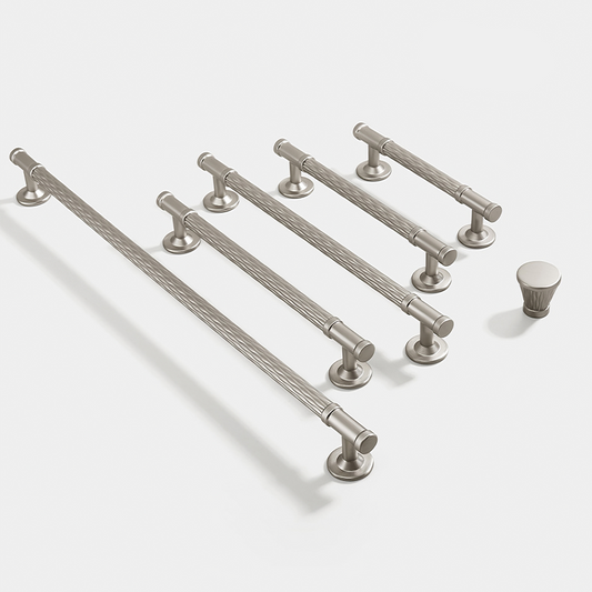 Silver textured round bar cabinet pull and knob, displayed from the side as a color and finish lineup