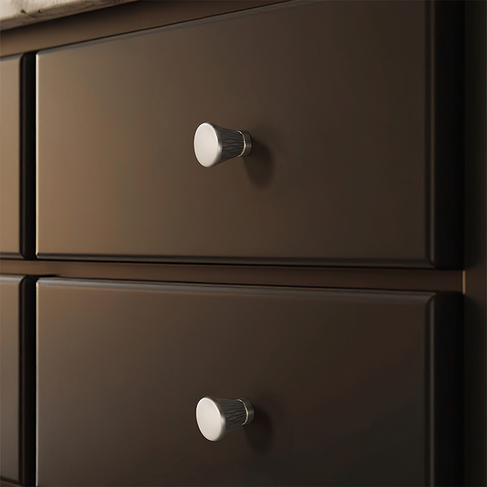Textured round bar cabinet pull and knob, pictured in one view installed on cabinetry in context