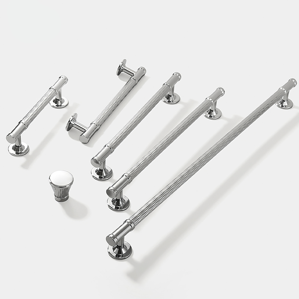 Textured round bar cabinet pull and knob, presented for reference as a color and finish lineup