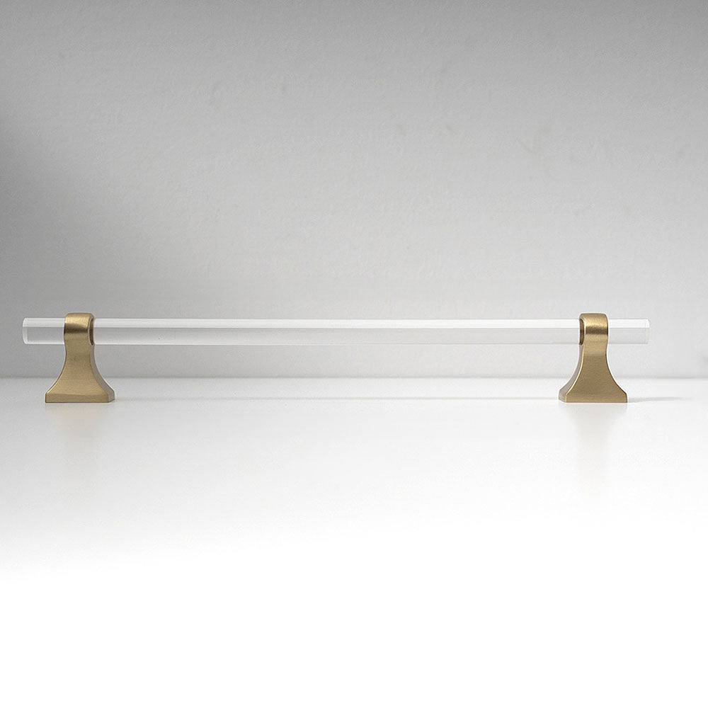 Transparent acrylic bar pull with flared metal mounts, presented for reference on a clean neutral background