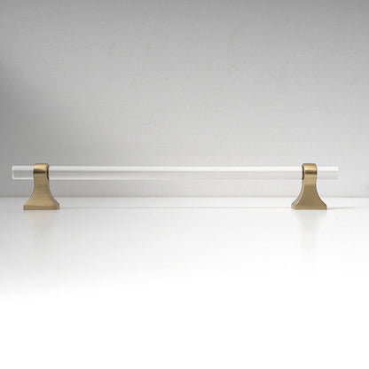 Transparent acrylic bar pull with flared metal mounts, presented for reference on a clean neutral background